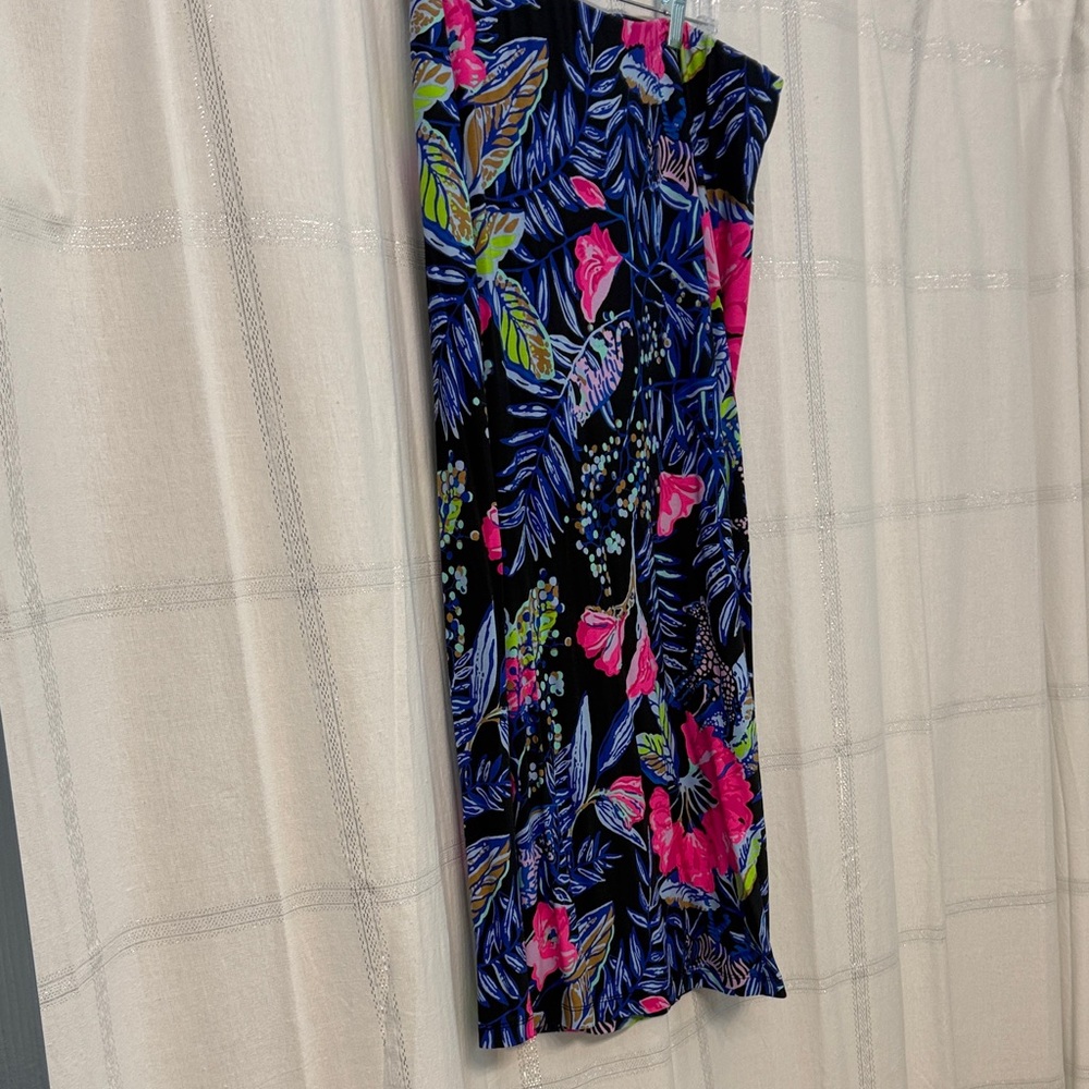 Tropical Floral Midi Skirt - Black with Pink & Blue Print